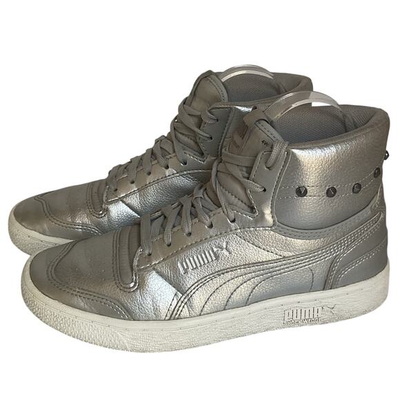 Puma Metallic Silver Studded Sneakers High Top  Women's 6 EUR 36  Germany Design - Picture 1 of 10